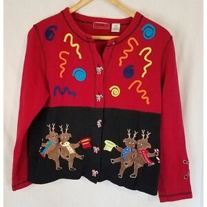 Vtg ONQUE Casuals CHRISTMAS‎ Sweater Cardigan Reindeer Candy Cane Buttons Sz M